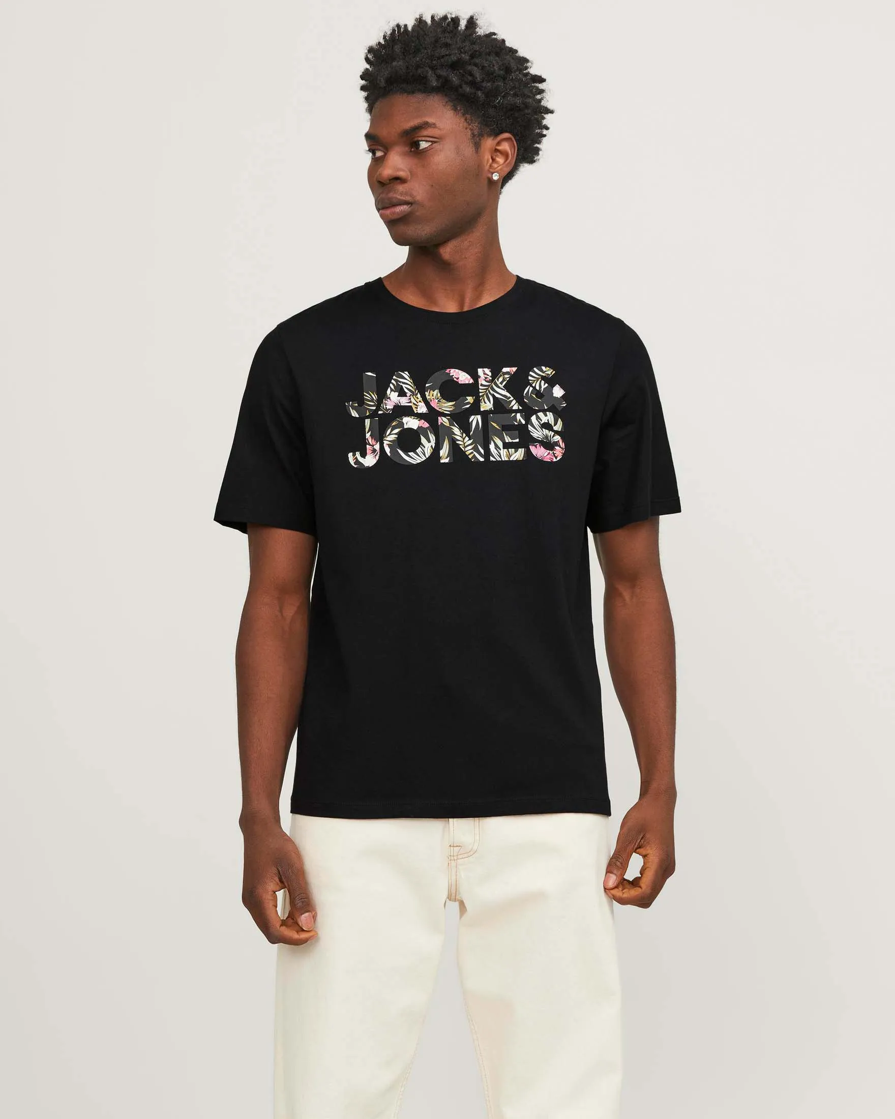 Black regular-fit T-shirt in pure cotton with front logo print in floral pattern
