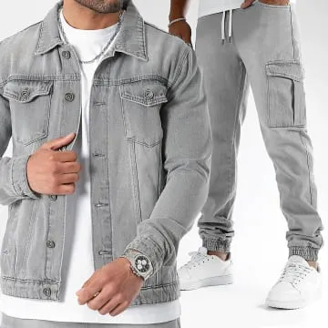 Light Grey Denim Jacket Set with Jeans and Jogger Pants Fit 3267